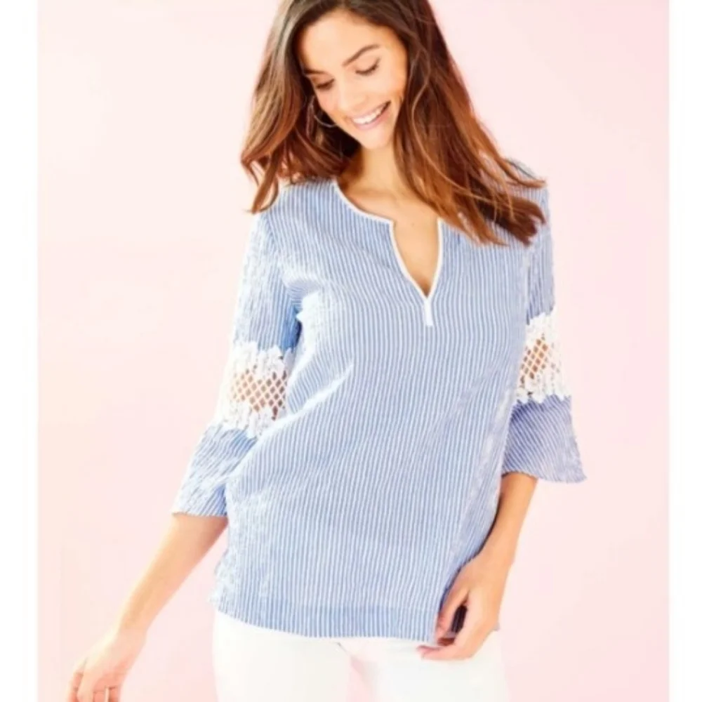 Lilly Pulitzer Amelia Island Flounce Sleeve Tunic in Blue Stripe, Size M - Picture 1 of 7